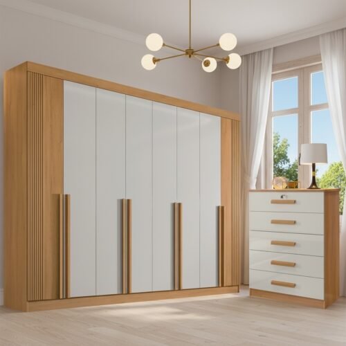 Guarda-Roupa 8 Portas Daymond Cinamomo/Off White/Ripado + Cômoda Ipanema Cinamomo/Off White – D’DORO MÓVEIS