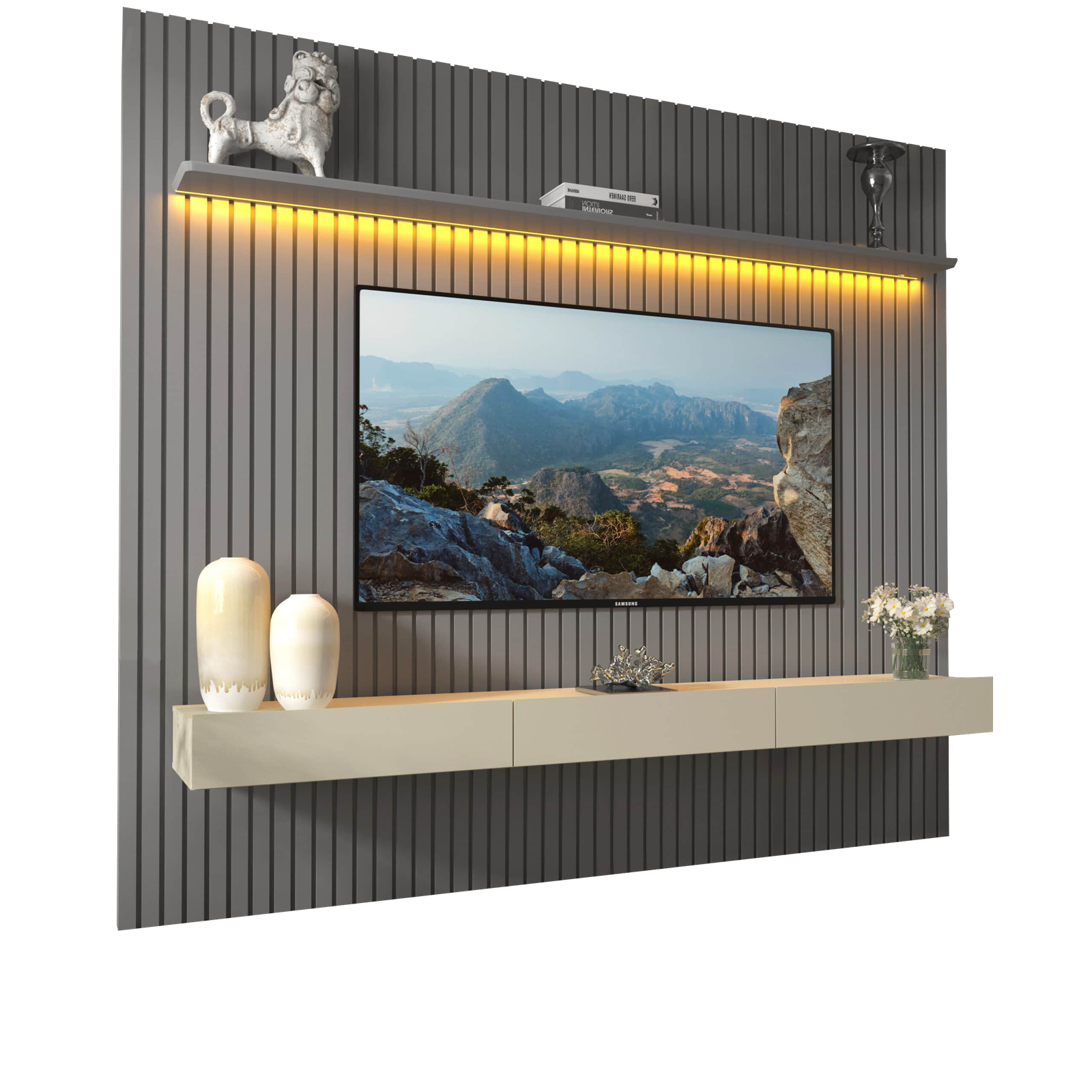 Home até 85″ Nobre Ripado 230(Com Nicho) Cinza/Off White – GELIUS - Imagem 5