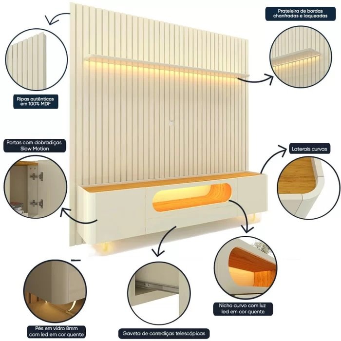 Painel até 85″ Nobre 230 Off White + Rack Nobre 210 (Pés de Vidro) Off White/Naturale – GELIUS - Imagem 2