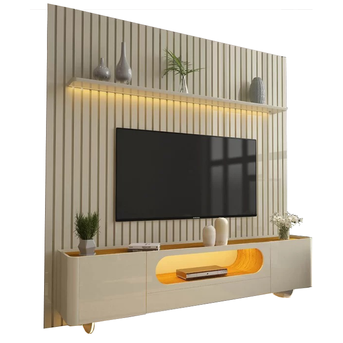 Painel até 85″ Nobre 230 Off White + Rack Nobre 210 (Pés de Vidro) Off White/Naturale – GELIUS - Imagem 6