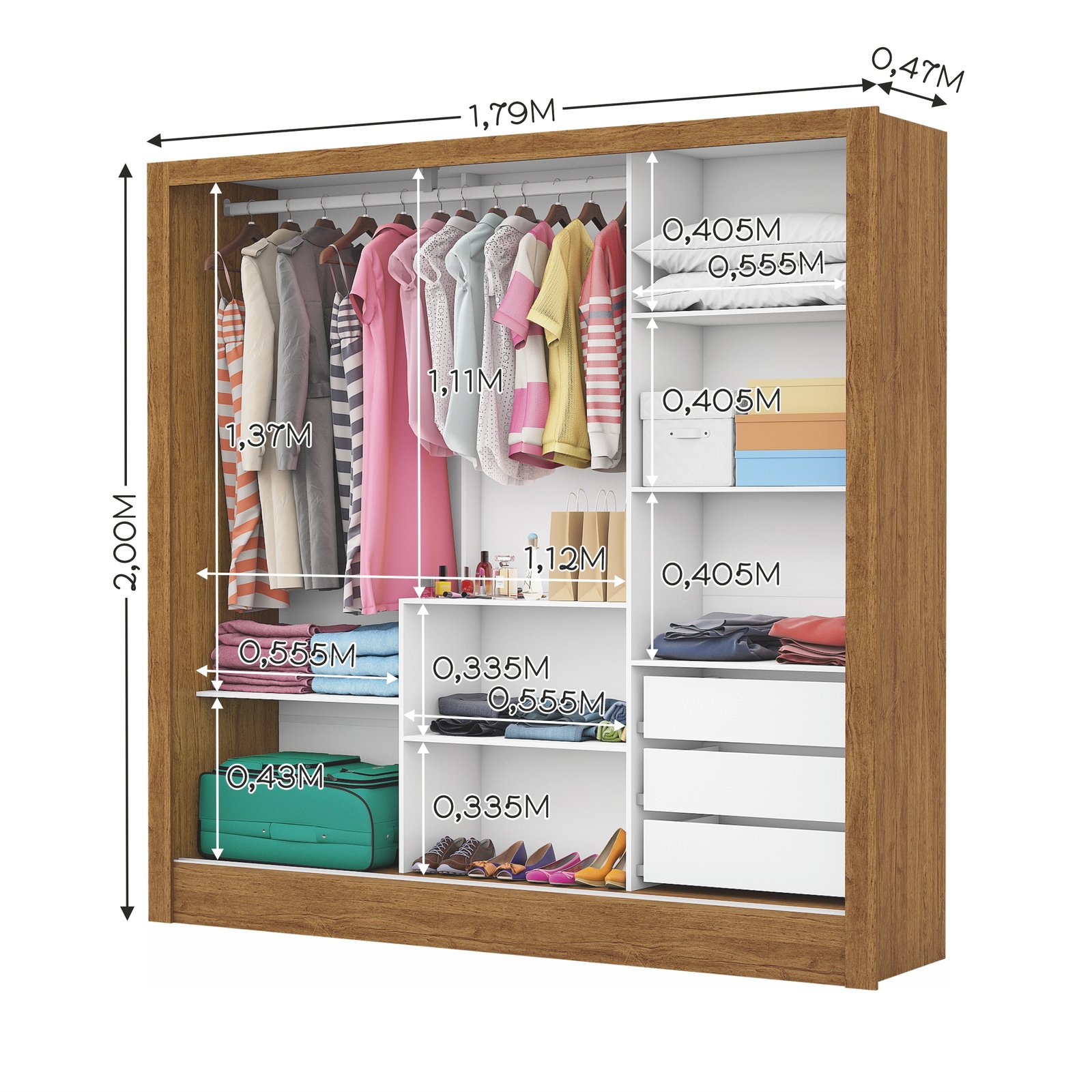 Guarda-Roupa 3 Portas Dubai/Santiago Premium (3 portas espelhadas) 1,79 m Cinamomo/Branco - CARIOCA MÓVEIS - Imagem 3