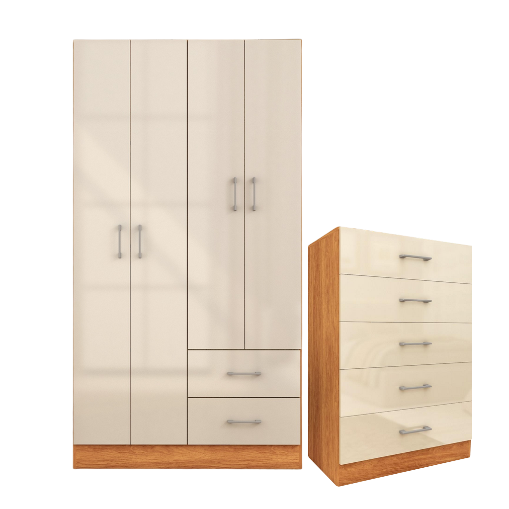 Guarda-Roupa 4 Portas Panamá 4002 + Cômoda 5 Gavetas Aruba Cinamomo/Off White – FELLICCI - Imagem 2