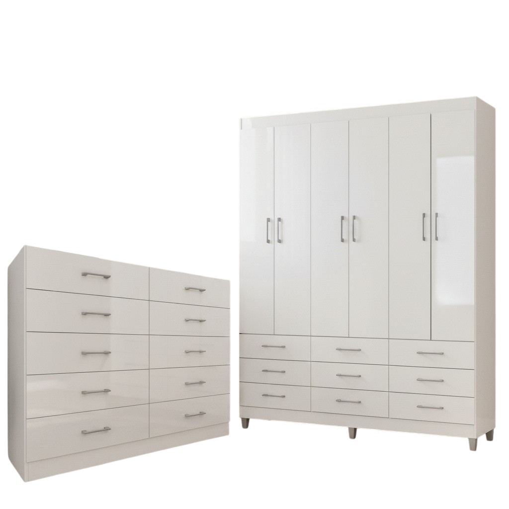 Guarda-Roupa 6 Portas Paraty 3690 + Cômoda 10 Gavetas Caribe Branco - FELLICCI - Imagem 3
