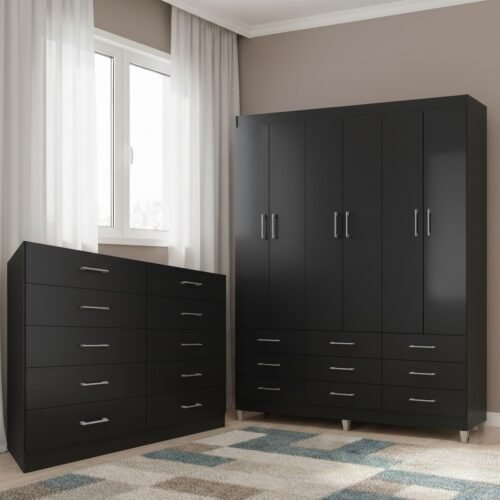Guarda-Roupa 6 Portas Paraty 3690 + Cômoda 10 Gavetas Caribe Preto - FELLICCI
