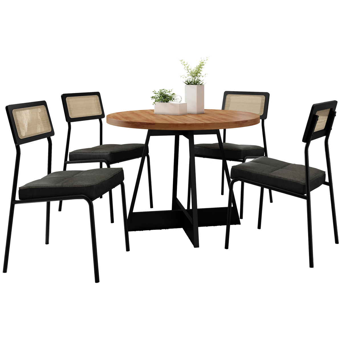 Mesa Átria 1594 Redonda 100 Preto/Nogal com 4 Cadeiras Lux 1741 Preto/Linho Grafite/Corino Preto – CARRARO MÓVEIS - Imagem 2