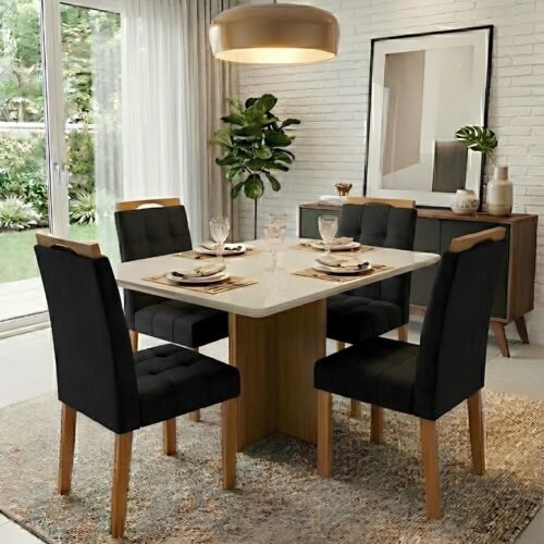 Mesa Salinas 120 Cinamomo/Off White com 4 Cadeiras Sophia Veludo Preto – CEL MÓVEIS + WM DECOR
