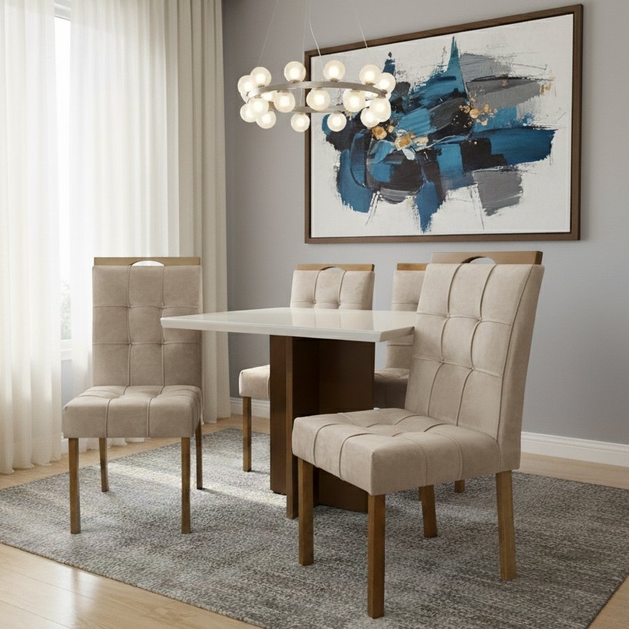 Mesa Salinas 120 Cinamomo/Off White com 4 Cadeiras Sophia Veludo Bege – CEL MÓVEIS + WM DECOR - Imagem 3