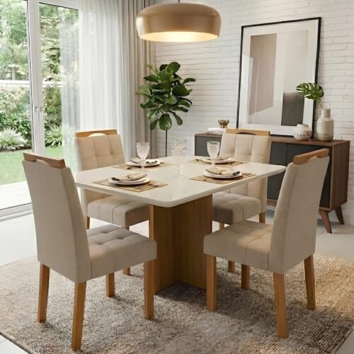 Mesa Salinas 120 Cinamomo/Off White com 4 Cadeiras Sophia Veludo Bege – CEL MÓVEIS + WM DECOR