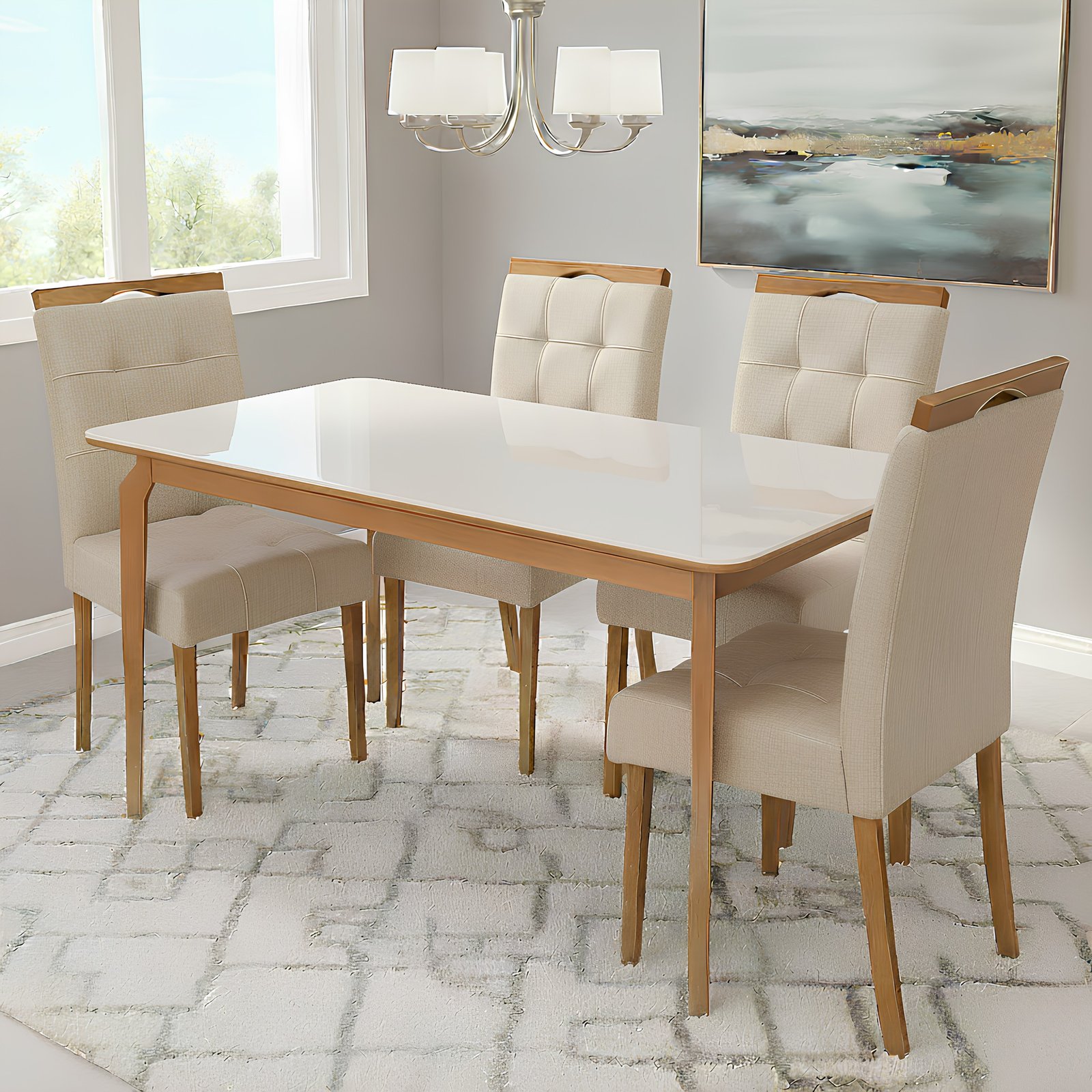 Mesa Alegra 120 Cinamomo/Off White com 4 Cadeiras Sophia Linho Bege 200 – JCM MOVELARIA + WM DECOR