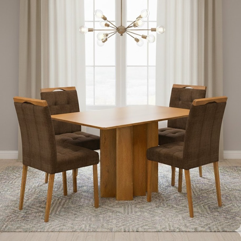 Mesa Recife 120 Cinamomo Laminado com 4 Cadeiras Sophia Veludo Marrom – CEL MÓVEIS + WM DECOR