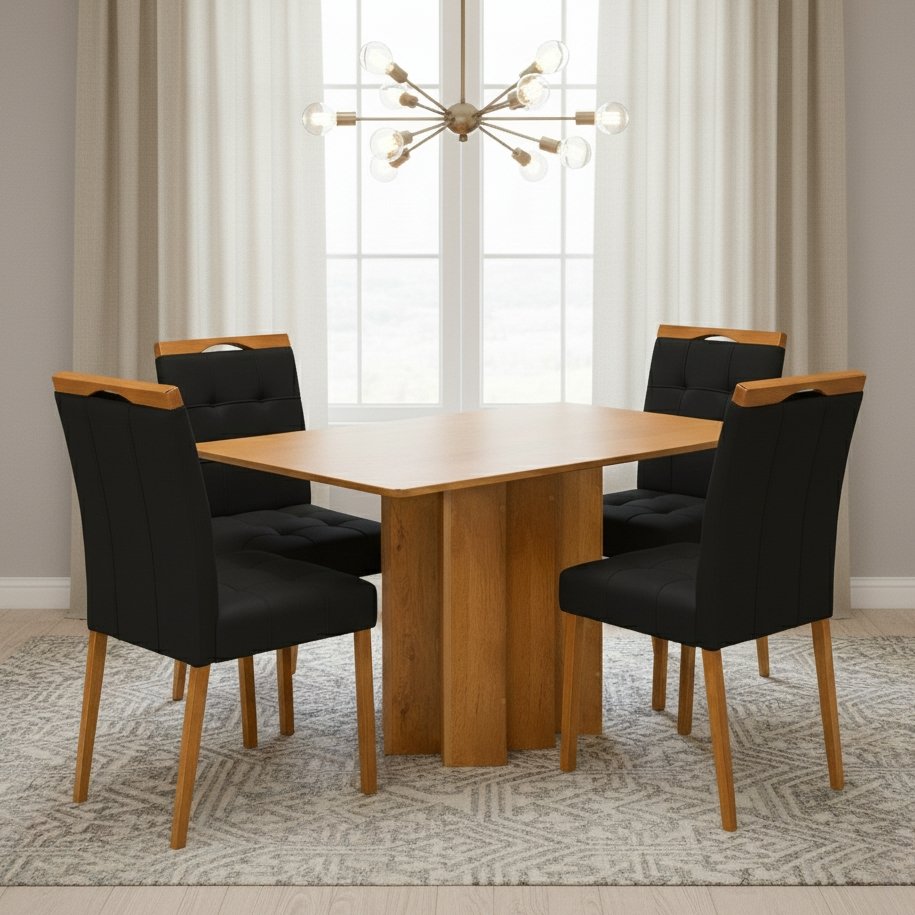 Mesa Recife 120 Cinamomo Laminado com 4 Cadeiras Sophia Veludo Preto – CEL MÓVEIS + WM DECOR