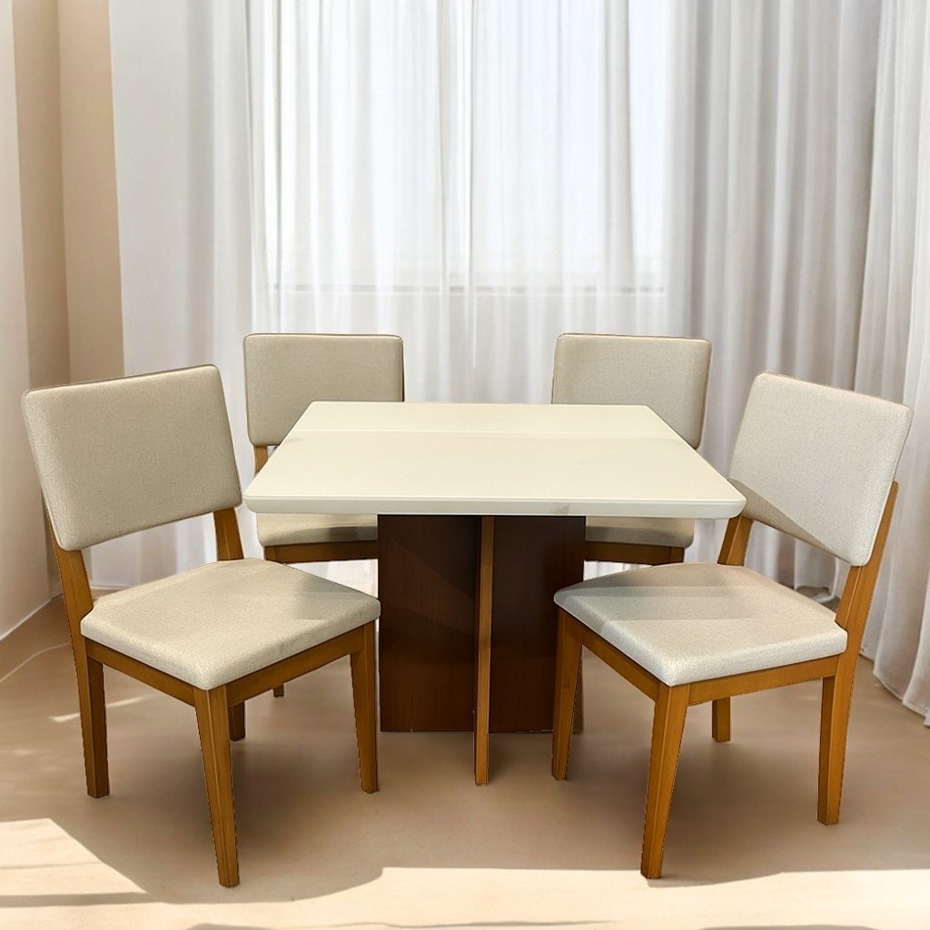 Mesa Salinas 90 Cinamomo/Off White com 4 Cadeiras Pérola Linho Bege – CEL MÓVEIS + DOBUÊ MOVELARIA