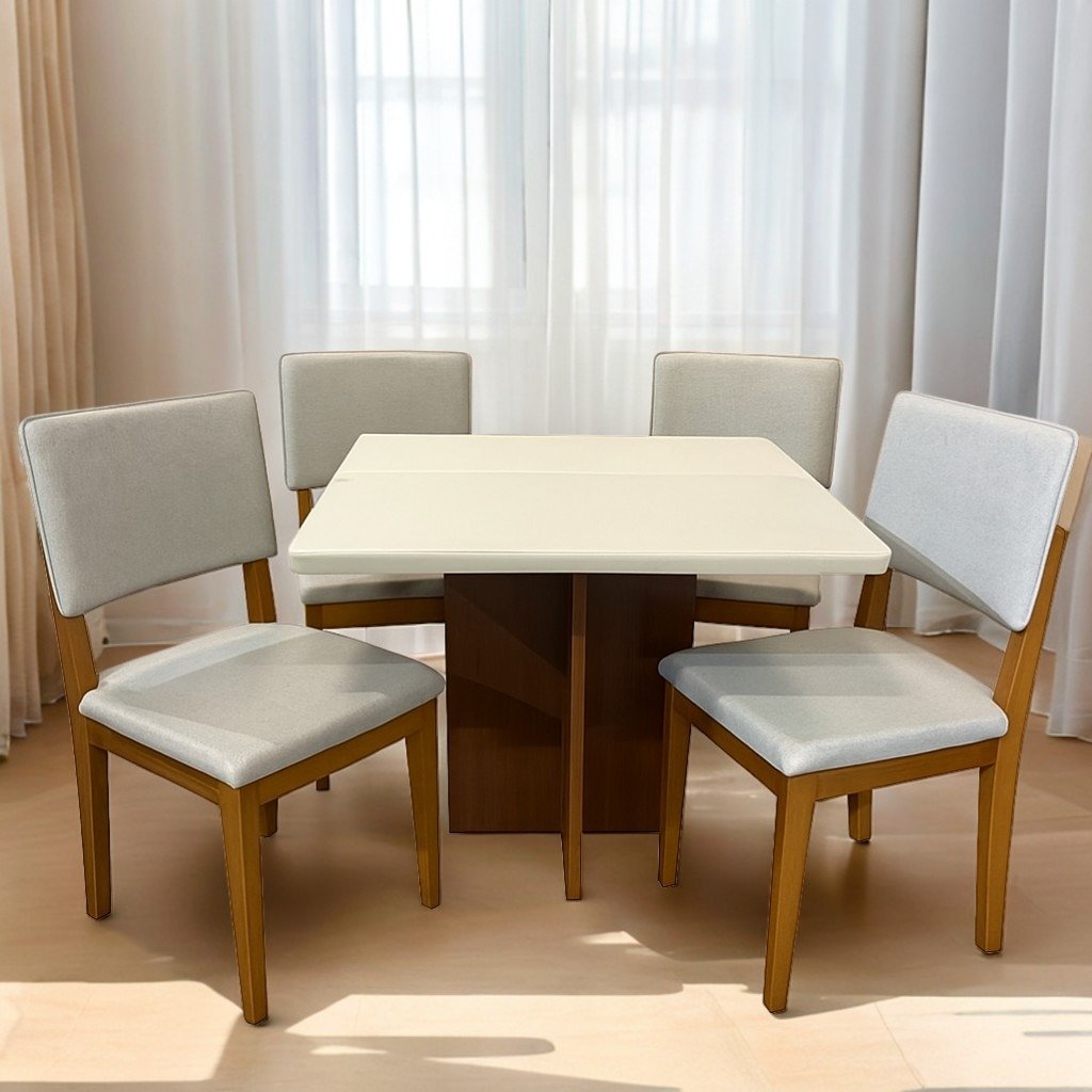 Mesa Salinas 90 Cinamomo/Off White com 4 Cadeiras Pérola Linho Cinza Prata – CEL MÓVEIS + DOBUÊ MOVELARIA