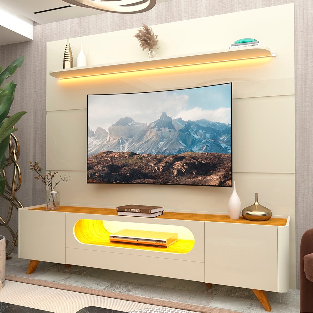 Painel até 85″ Royal 220 Off White + Rack Nobre 210 (Pés de Madeira) Off White/Naturale – GELIUS - Imagem 2