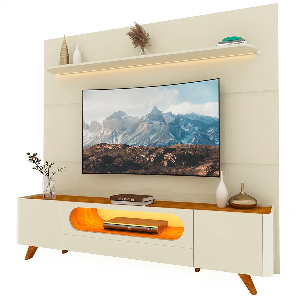 Painel até 85″ Royal 220 Off White + Rack Nobre 210 (Pés de Madeira) Off White/Naturale – GELIUS - Imagem 6