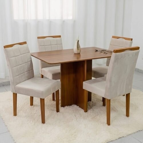 Mesa Salinas 120 (Tampo Londres s/vidro) Cinamomo com 4 Cadeiras Las Vegas Veludo Bege 01 – CEL MÓVEIS + OURO DECOR