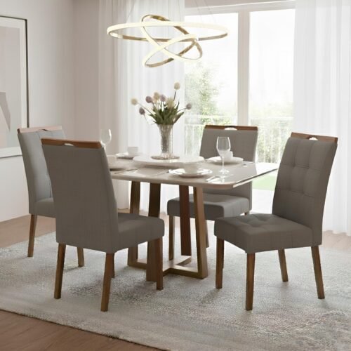 Mesa Pedro 120 Mel/Off White com 4 Cadeiras Sophia Linho Cinza Grafite 206 – ART ASSENTOS + WM DECOR