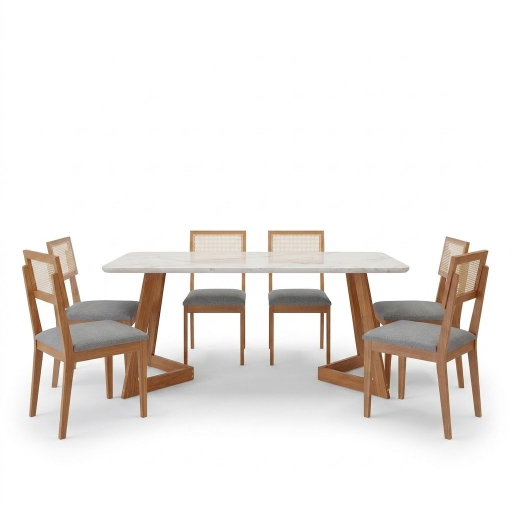Mesa Caju 180 (C/Vidro) Madeira/Off White com 6 Cadeiras Palmas Linho Cinza Grafite – CIMOL - Imagem 2