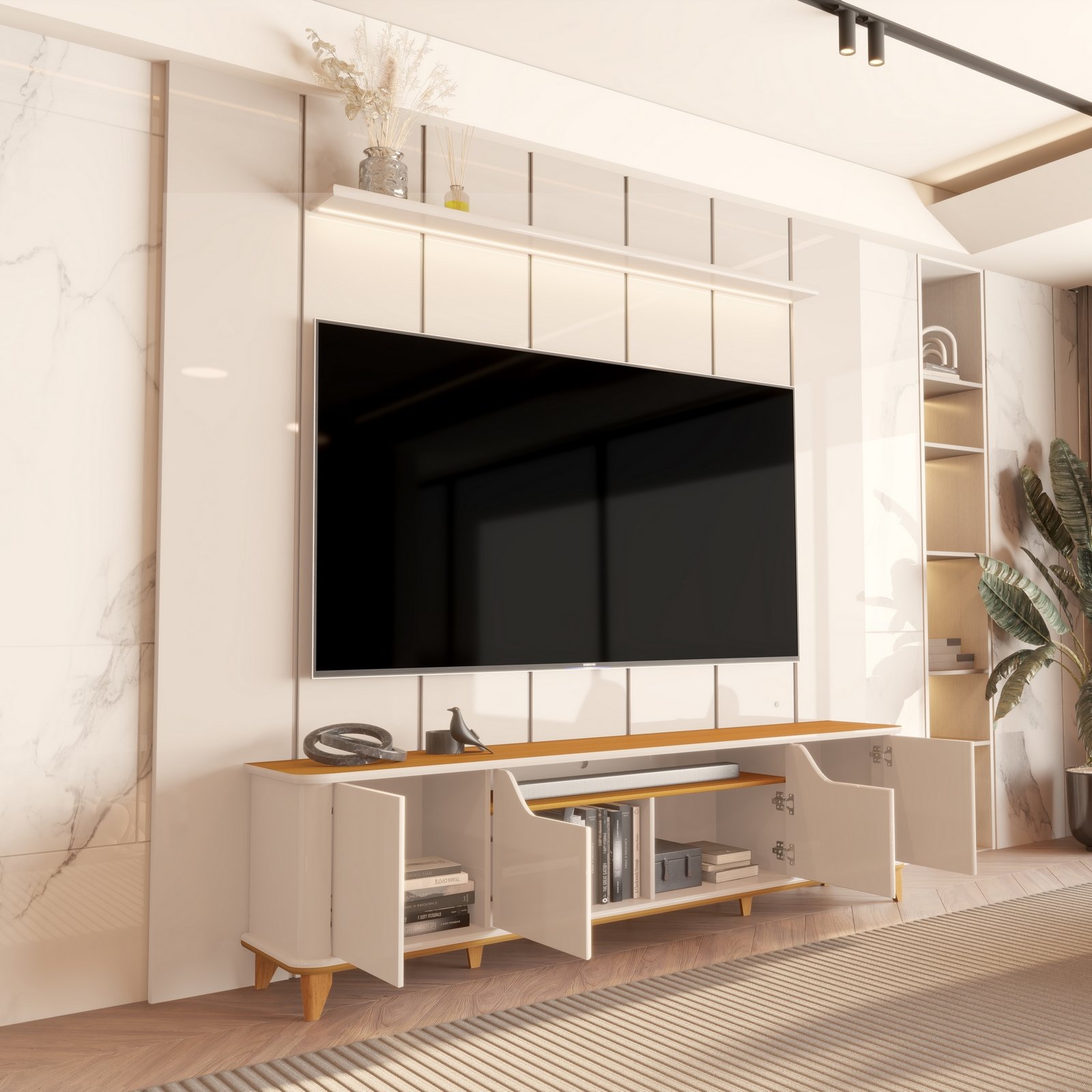 Painel até 75″ Lumi 2.19 Off White + Rack Aron Off White/Cedro – EDN MÓVEIS - Imagem 2