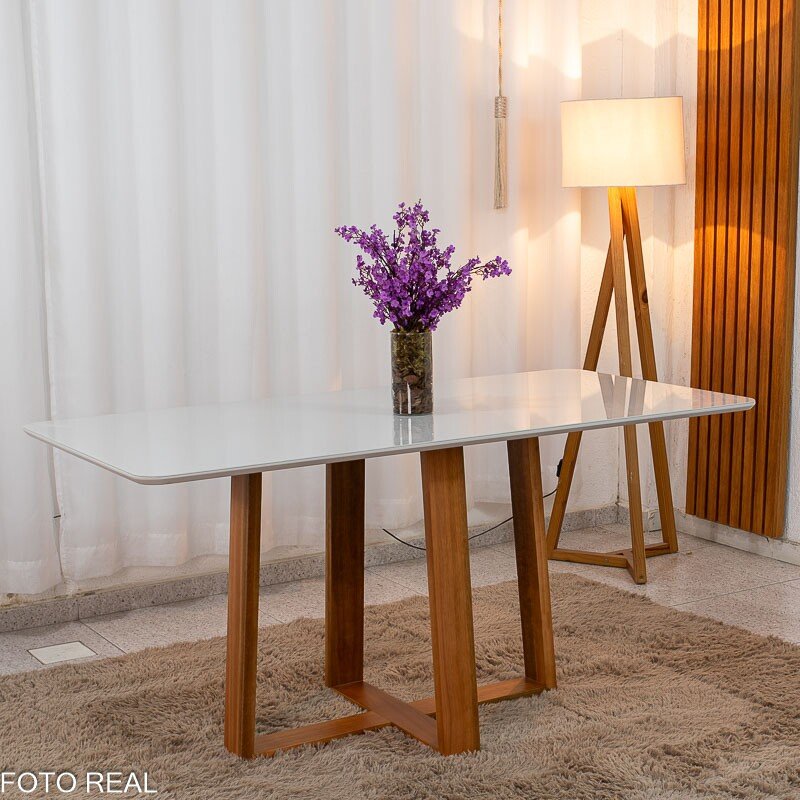 Mesa de Jantar Pedro 160x80 Vidro Off Base Madeira + 6 Cadeiras Lisboa Veludo Bege 512 Art Assento - Entregue Montada - Imagem 8