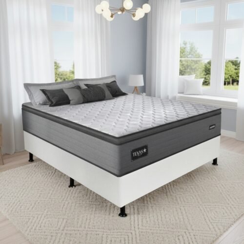 Colchão Casal Texas 29 cm D28 Molas Ensacadas + Base Simples Corino Branco – GAZIN + BIOSTAR