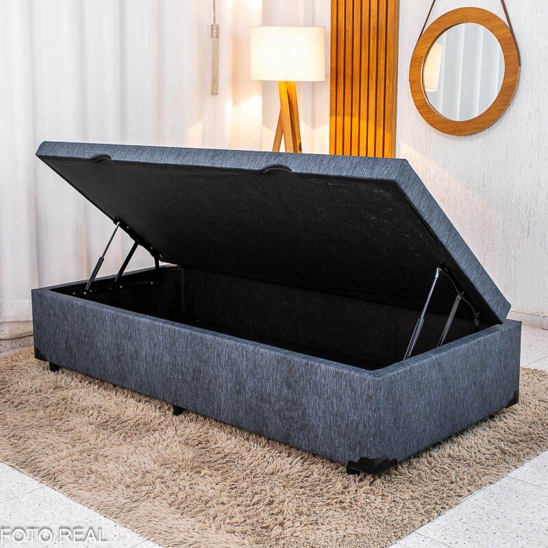 Base Box Baú Solteiro Confort Linho Petróleo Blindado 88x188x45 - Issacar
