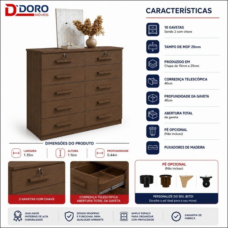 Cômoda 1,35m Ryad Castanho 10 Gavetas - D Doro - Imagem 2