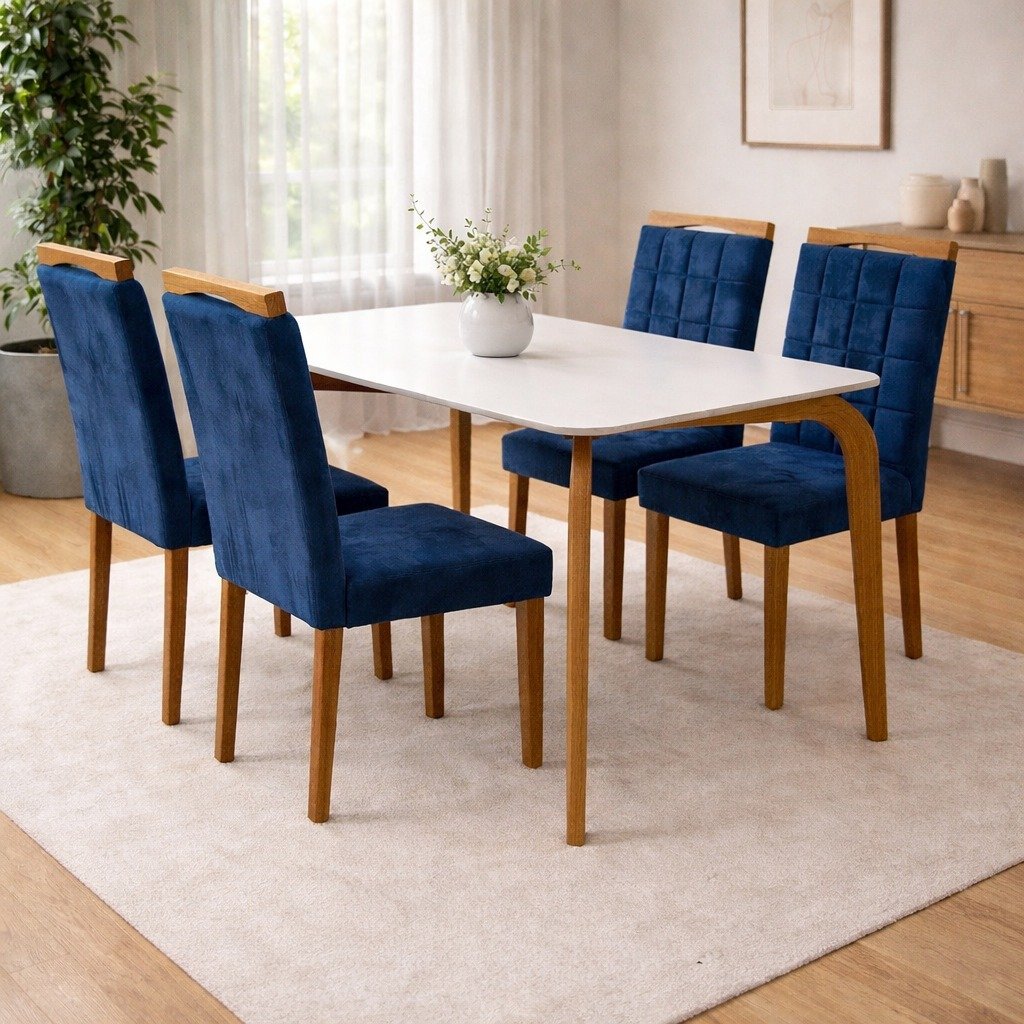 Mesa Capri 120 (C/Vidro) Cinamomo/Off White com 4 Cadeiras Las Vegas Veludo Azul 24 – MÓVEIS VALVERDE + OURO DECOR