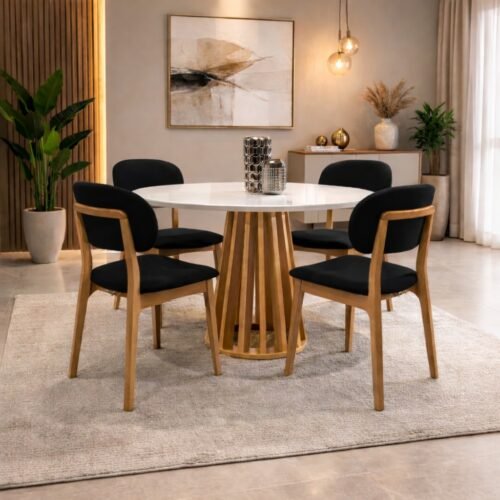 Mesa Berlim 100 Cinamomo/Off White com 4 Cadeiras Gaya Linho Preto 09 – CEL MÓVEIS + J SILVA MÓVEIS