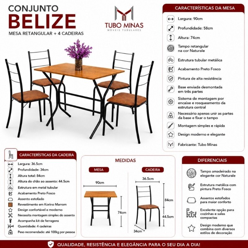 Mesa de Cozinha Belize Tampo MDF 90x58 Naturale com Base Nexus Preto Fosco + 4 Cadeiras Belize Assento em Korino Marrom ( Jambo) | Tubo Minas - Imagem 8