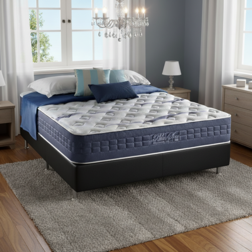 Colchão Casal Blue Sea 31 cm D28 Molas Ensacadas + Base Simples Corino Preto – ANJOS + BIOSTAR