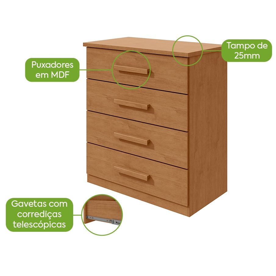 Cômoda 4 Gavetas Baião Amêndoa Clean - LOPAS - Imagem 2