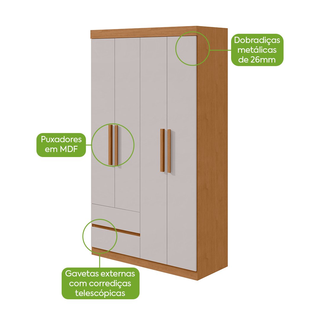 Guarda-Roupa 4 Portas Zeus 1,19 m Amêndoa Clean/Off White - LOPAS - Imagem 3
