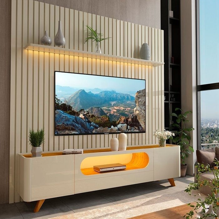 Painel até 85" Nobre 230 Off White + Rack Nobre 210 (Pés de Madeira) Off White/Naturale – GELIUS