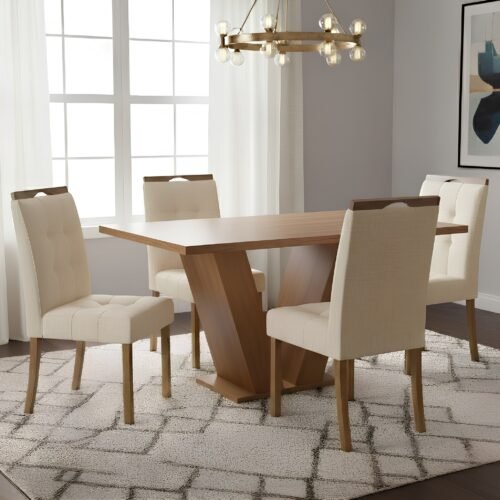 Mesa Classic 120 Cinamomo Laminado com 4 Cadeiras Sophia Linho Bege 200 – CEL MÓVEIS + WM DECOR