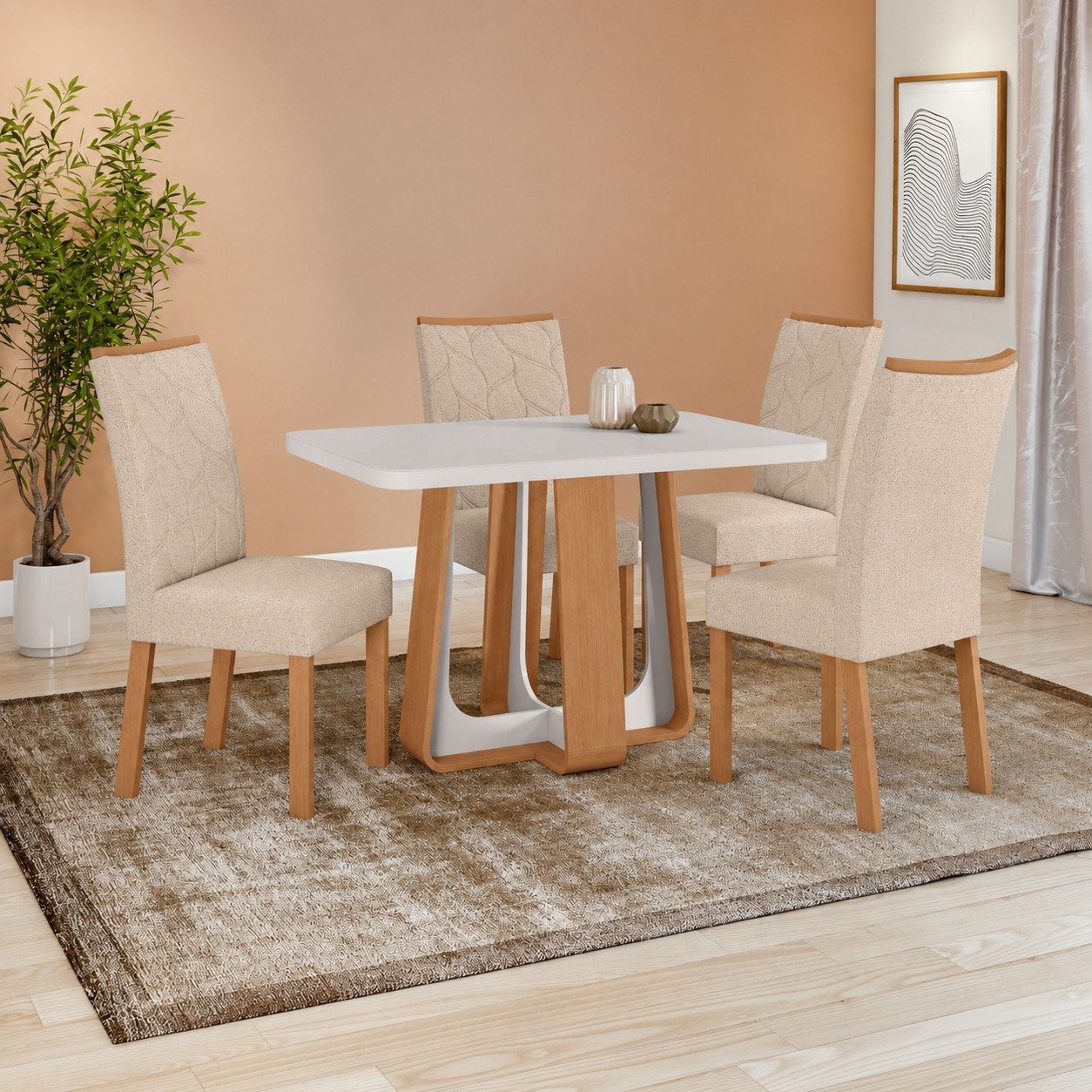 Mesa Sintonia (Tampo Maxi) 120 Amêndoa Clean/Off White com 4 Cadeiras Rayla Linho Bege – LOPAS
