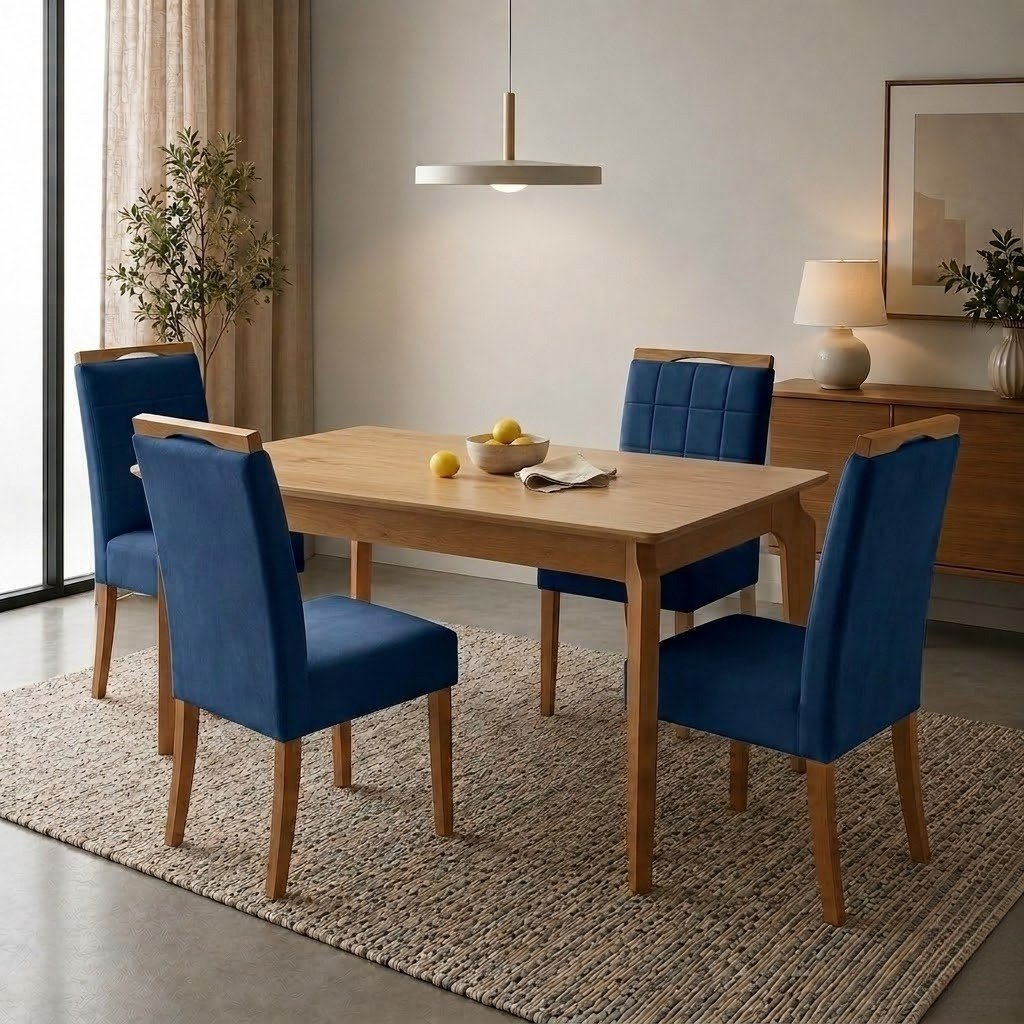Mesa Atos 120 (Tampo 16 mm) Laminada Mel com 4 Cadeiras Las Vegas Veludo Azul 24 – VIEIRA DECOR + OURO DECOR