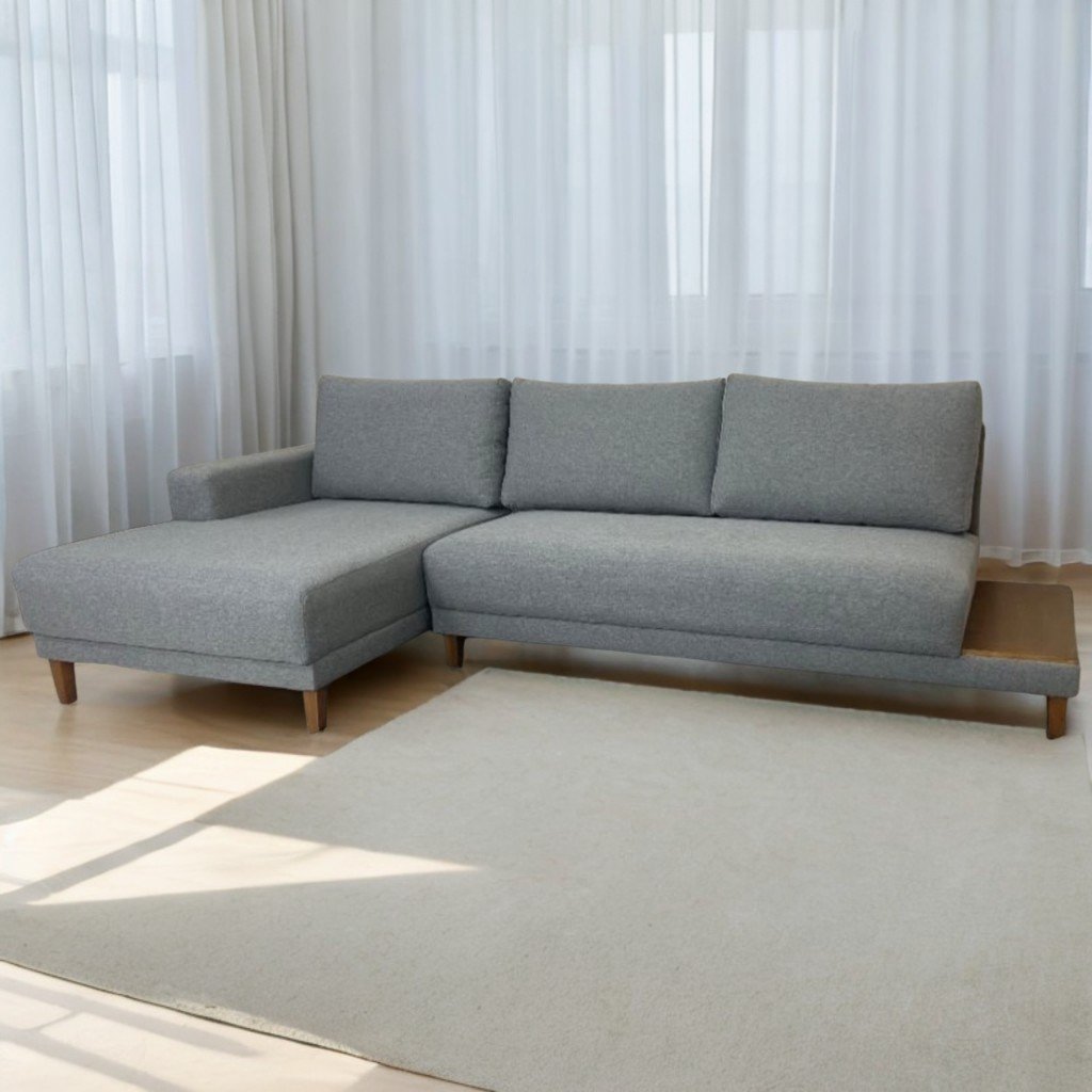Sofá com Chaise Ref.825 2,90 m Chenile Linho Cinza Firenze - RONDOMÓVEIS