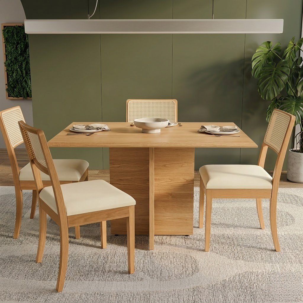 Mesa Pérola 120 Imbuia Mel (Tampo Viena s/vidro) com 4 Cadeiras Lola Linho Areia A085A – CARVALHO DECOR + KAPPESBERG