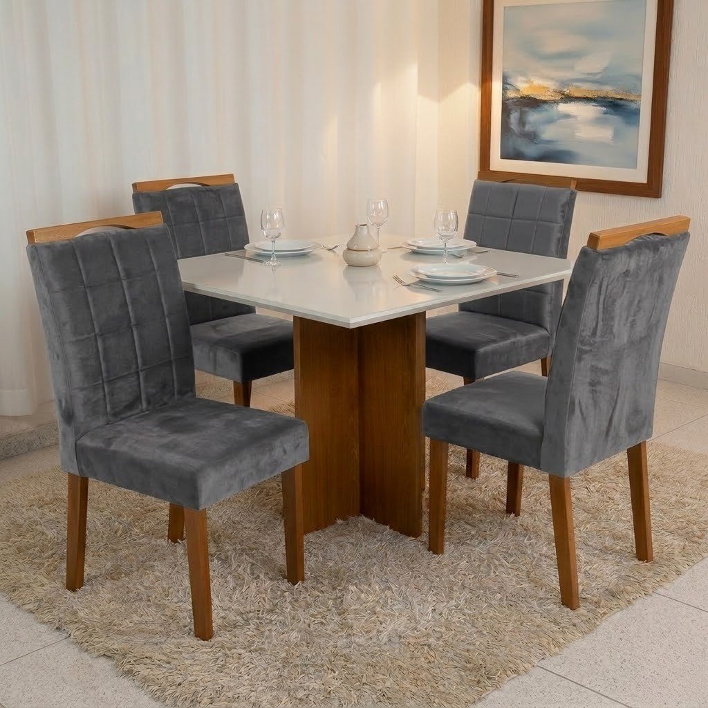 Mesa Salinas 90 (Tampo Dakota c/vidro) Cinamomo/Off White com 4 Cadeiras Las Vegas Veludo Cinza Grafite 10 – CEL MÓVEIS + OURO DECOR