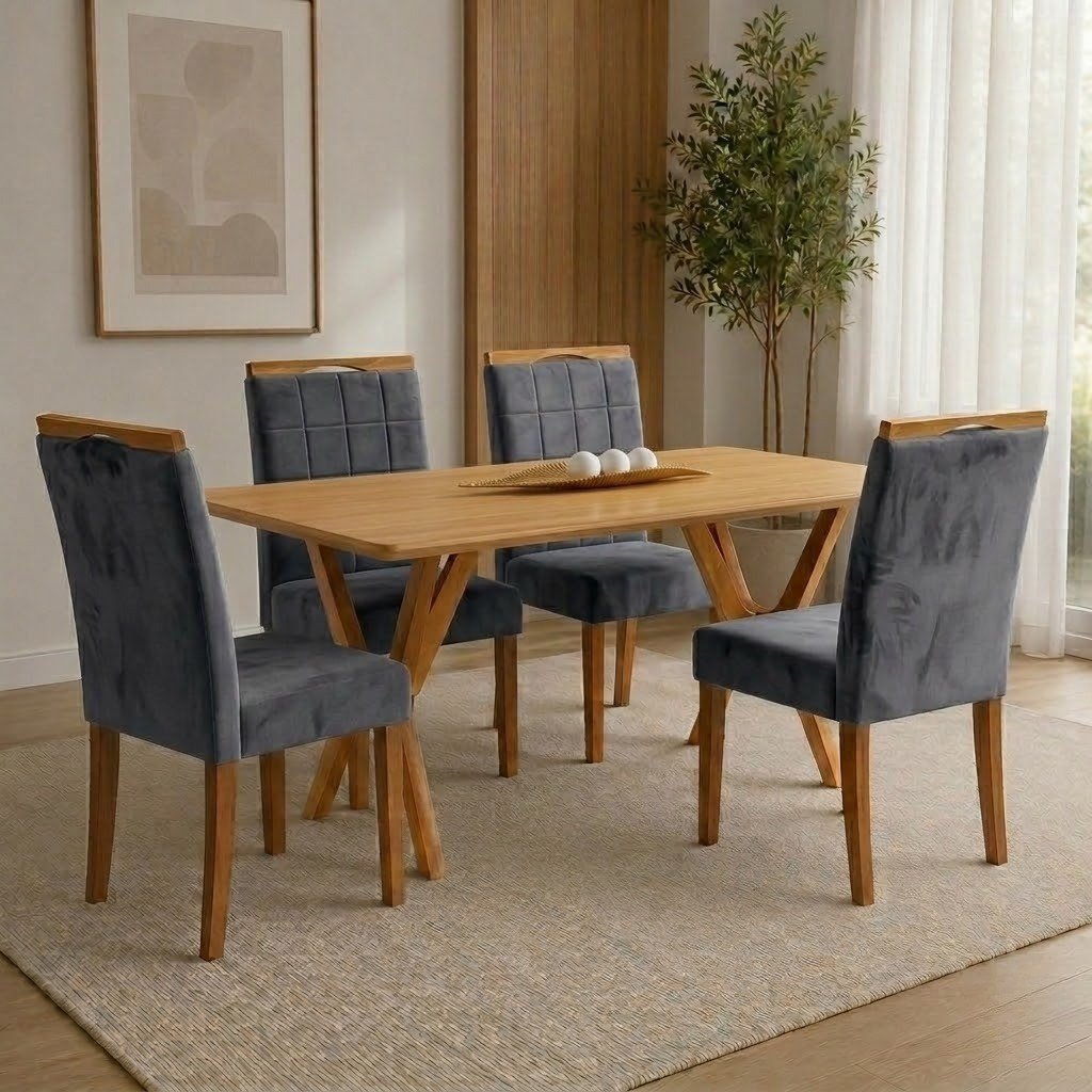 Mesa Essência 120 (S/Vidro) Cinamomo com 4 Cadeiras Las Vegas Veludo Cinza Grafite 10 – JCM MOVELARIA + OURO DECOR