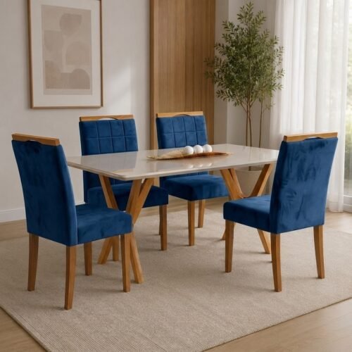 Mesa Essência 120 (C/Vidro) Cinamomo/Off White com 4 Cadeiras Las Vegas Veludo Azul 24 – JCM MOVELARIA + OURO DECOR