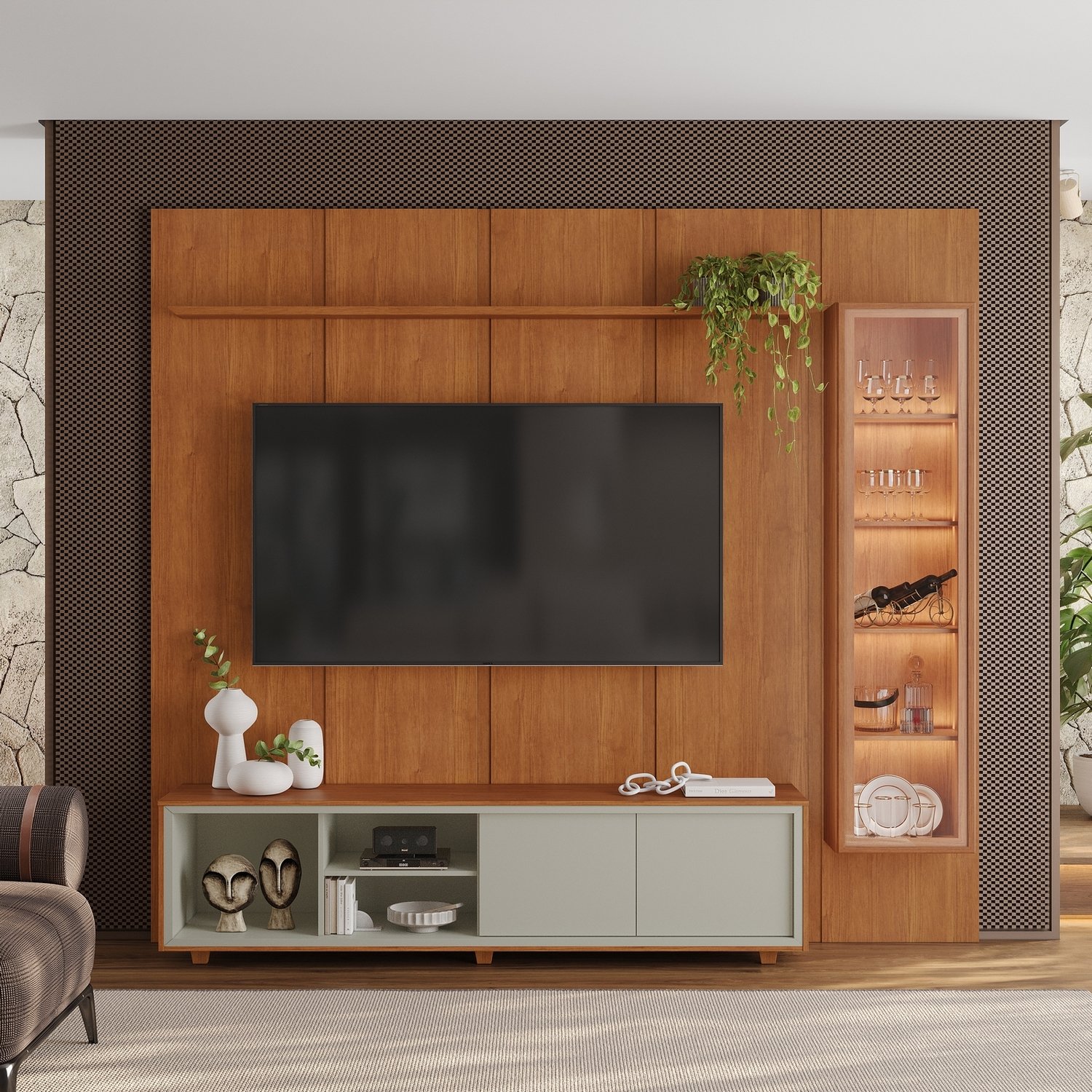 Painel até 75″ Dominus 2,32 m Naturale + Rack Dux Naturale/Off White + Cristaleira Dominus Naturale – MAVAULAR - Imagem 3
