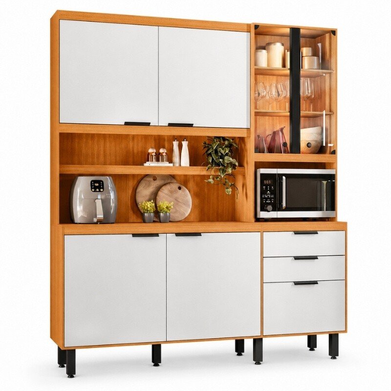 Kit de Cozinha 1,82m Murano Freijó/Off White 7 Portas 2 Gavetas com Iluminação em LED - Poliman - Imagem 3