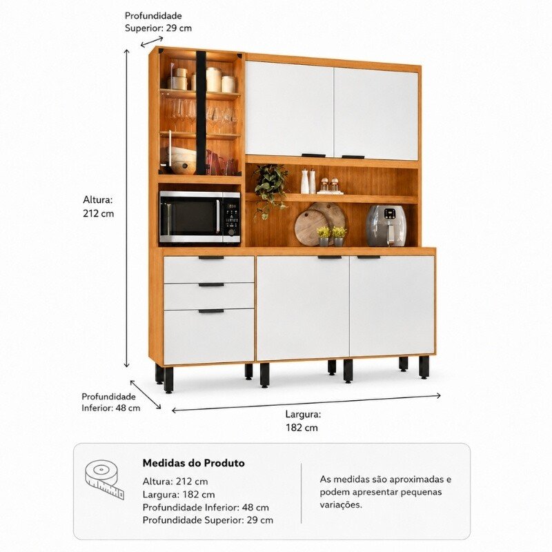 Kit de Cozinha 1,82m Murano Freijó/Off White 7 Portas 2 Gavetas com Iluminação em LED - Poliman - Imagem 4
