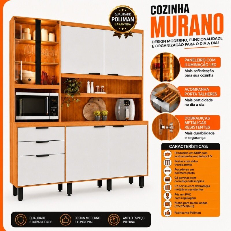 Kit de Cozinha 1,82m Murano Freijó/Off White 7 Portas 2 Gavetas com Iluminação em LED - Poliman - Imagem 5