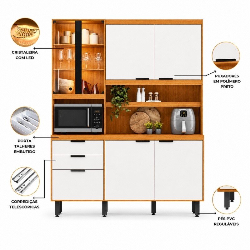 Kit de Cozinha 1,82m Murano Freijó/Off White 7 Portas 2 Gavetas com Iluminação em LED - Poliman - Imagem 6
