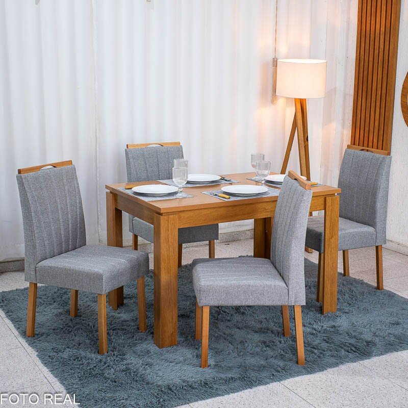 Mesa de Jantar Athenas 120x80 Amêndoa Lopas + 4 Cadeiras Gabi Linho Cinza A Bom Lar - Entregue Montada - Imagem 3