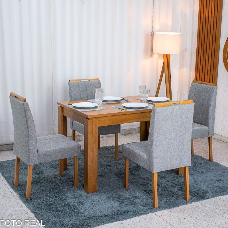 Mesa de Jantar Athenas 120x80 Amêndoa Lopas + 4 Cadeiras Gabi Linho Cinza A Bom Lar - Entregue Montada - Imagem 4