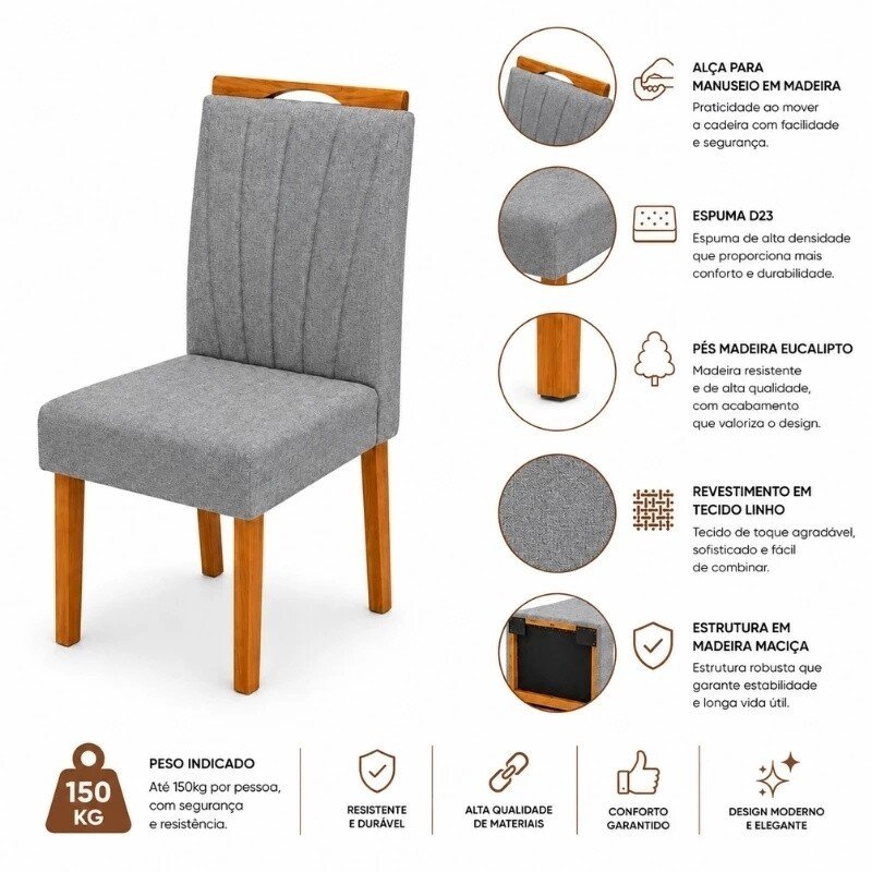 Mesa de Jantar Athenas 120x80 Amêndoa Lopas + 4 Cadeiras Gabi Linho Cinza A Bom Lar - Entregue Montada - Imagem 8